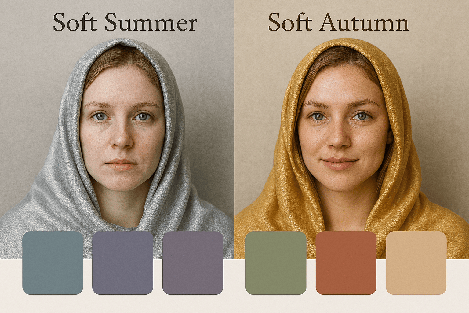 Soft Autumn vs Soft Summer color comparison chart showing warm muted tones vs cool muted tones