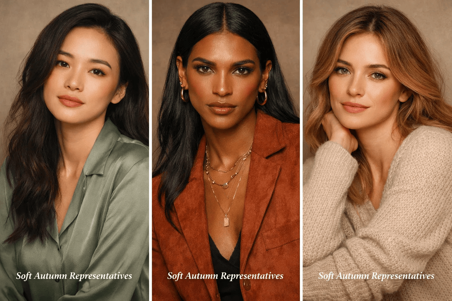 Soft Autumn celebrities collage, including Asian and deep skin tone examples