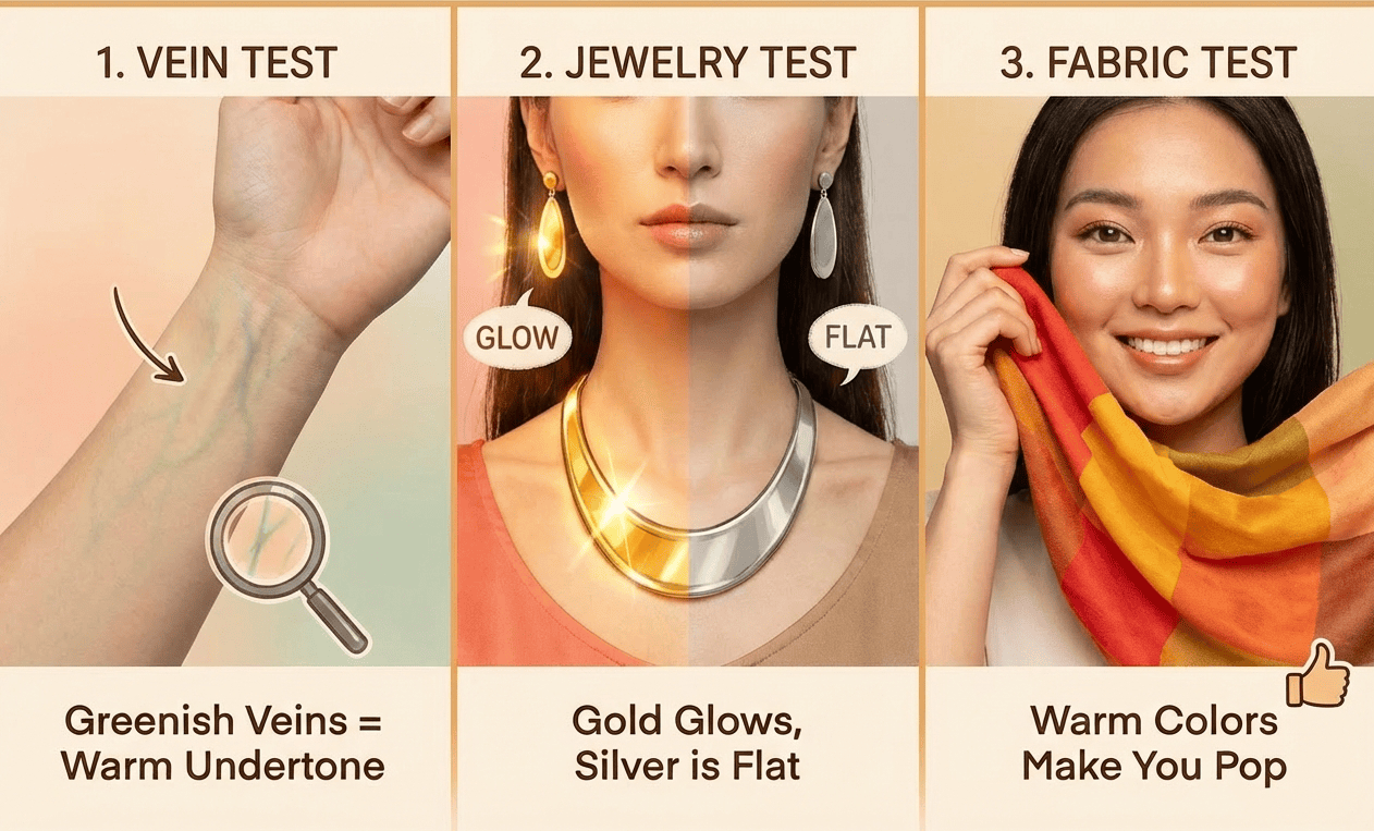 Quick At-Home Checks Before AI color analysis, including vein test, jewelry test and fabric test.