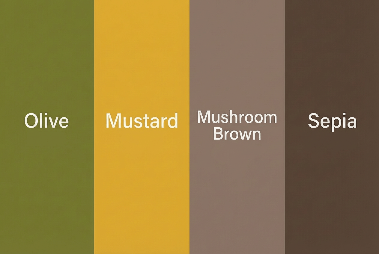 Sping Color Analysis (Avoid Colors): olive, mustard, mushroom brown, sepia.