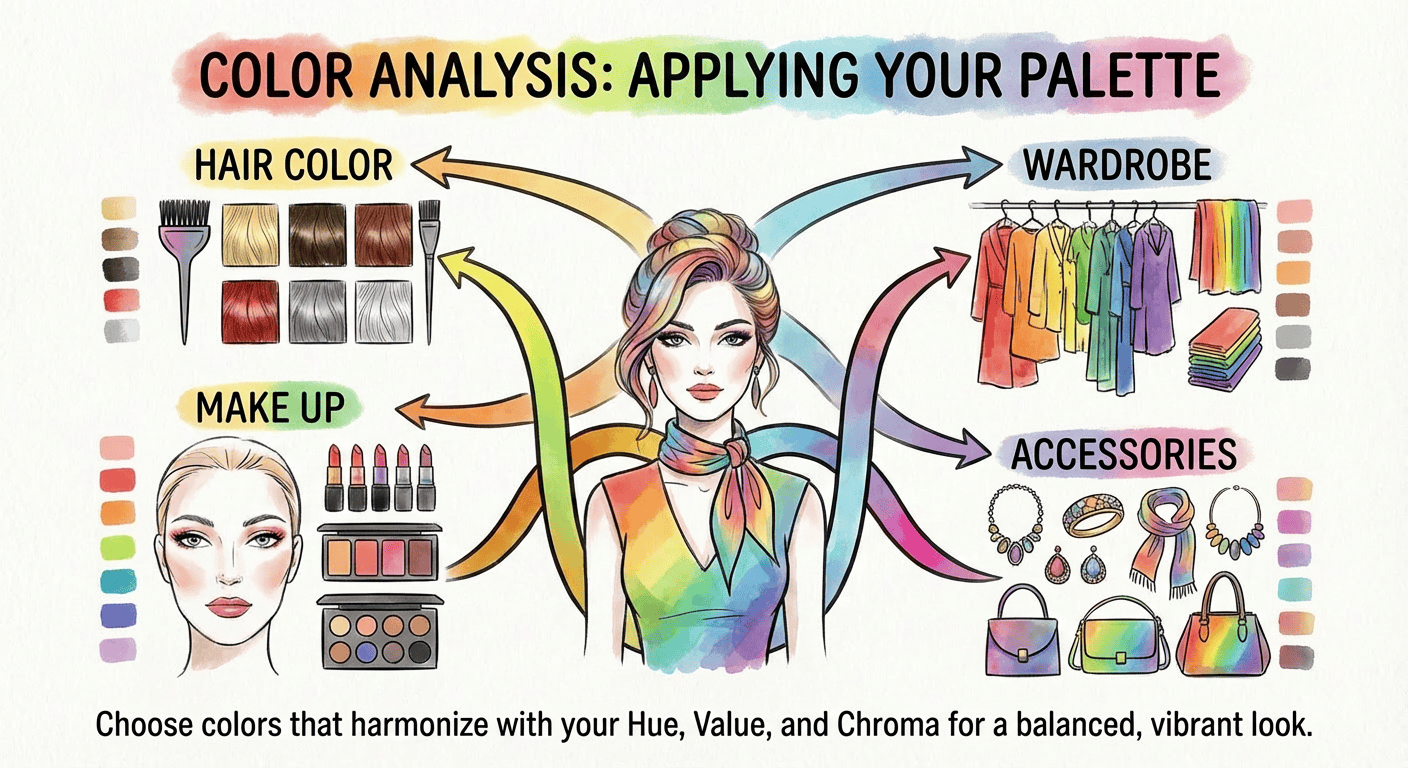 Color palette anaysis result can be applied in various scenarios, make up, hair color, wardrobe, or accessories.