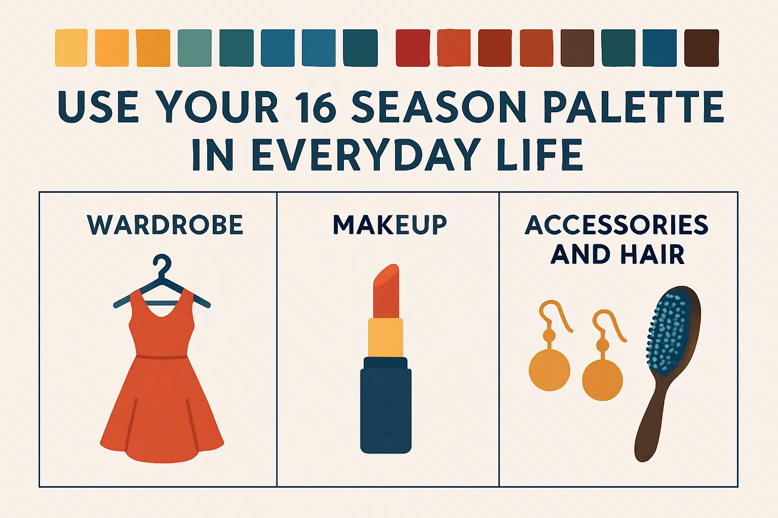 Use Your 16 Season Palette in Everyday Life including wardrobe, makeup, accessories and hairs.