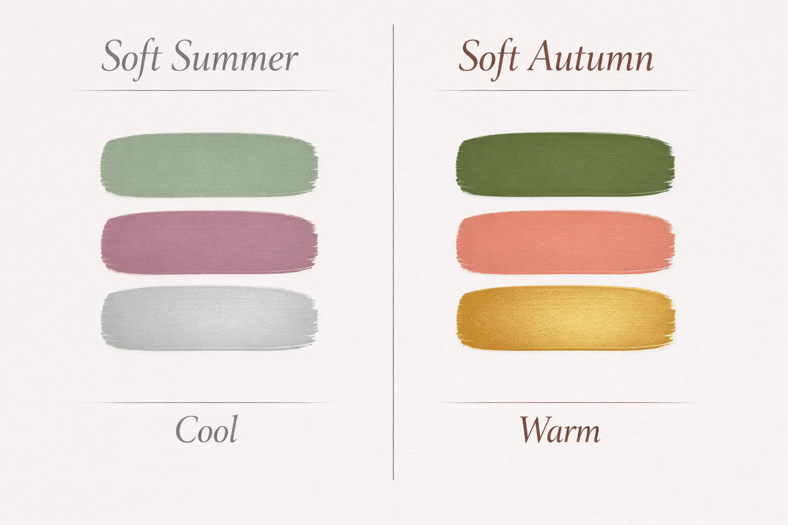 Soft Summer vs Soft Autumn color palette comparison showing cool muted colors versus warm muted colors.