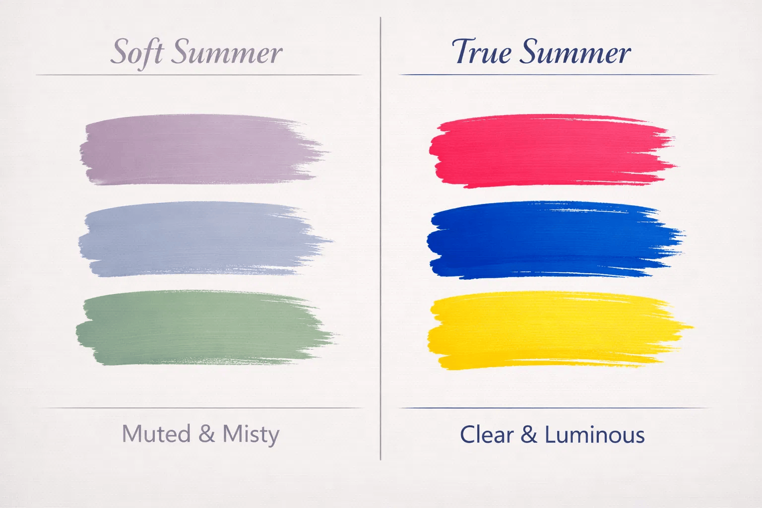 Soft Summer vs True Summer palette comparison chart showing muted cool colors versus clear cool colors.