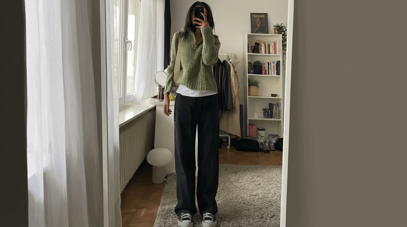 Mirror selfie showing a soft summer color palette outfit with a muted green zip-up sweater, white tee, and loose black pants.