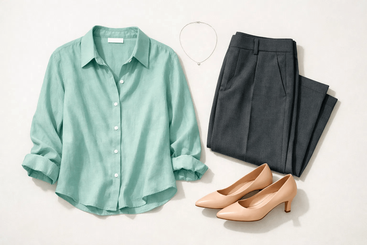 Soft Summer capsule wardrobe outfit ideas featuring seafoam green blouse and charcoal trousers for work.