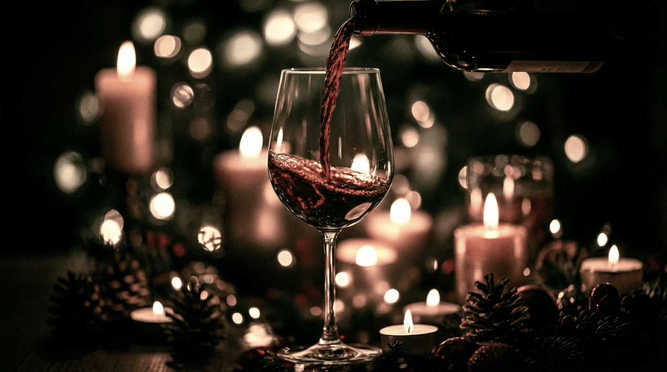 Pouring rich burgundy color wine into a glass, festive candles and pinecones in background.
