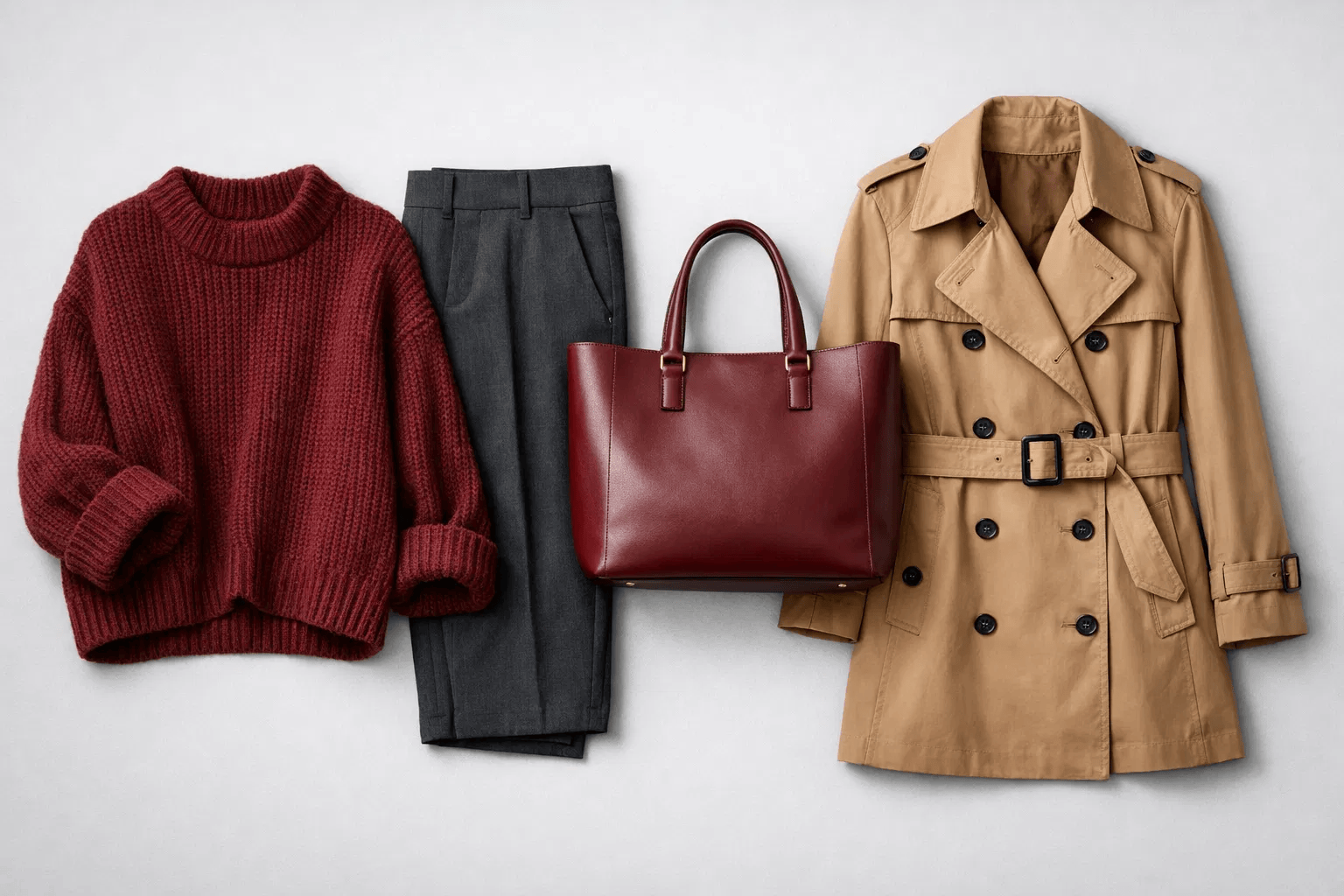 Burgundy color clothes: chunky knit sweater, leather tote, styled with charcoal pants and camel trench.
