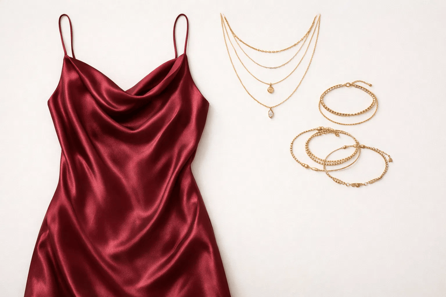 Burgundy color silk slip dress styled with delicate layered gold jewelry for quiet luxury.