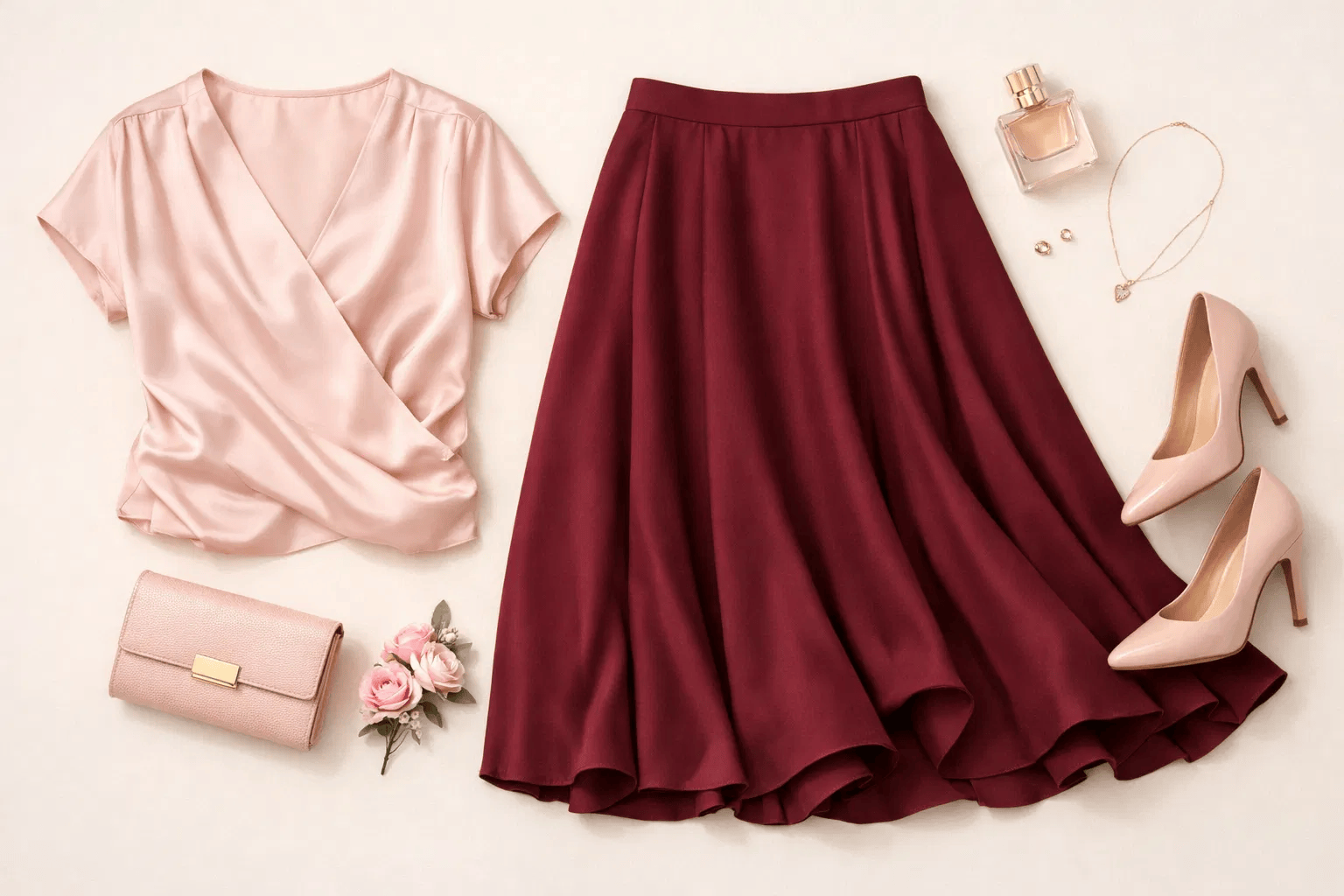 Burgundy color combinations: burgundy midi skirt paired with blush pink silk top and heels.