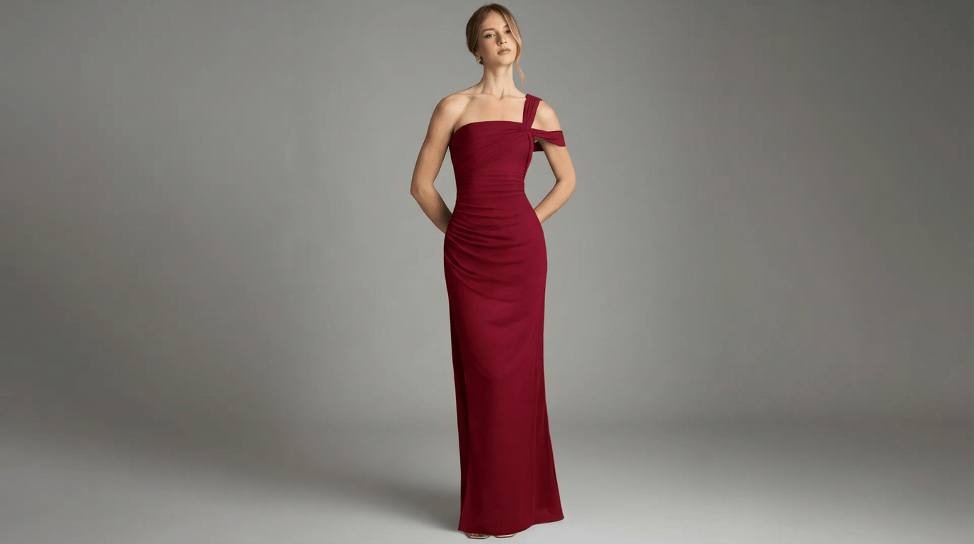 Woman wearing elegant burgundy color clothes: one-shoulder floor-length formal gown on grey background.