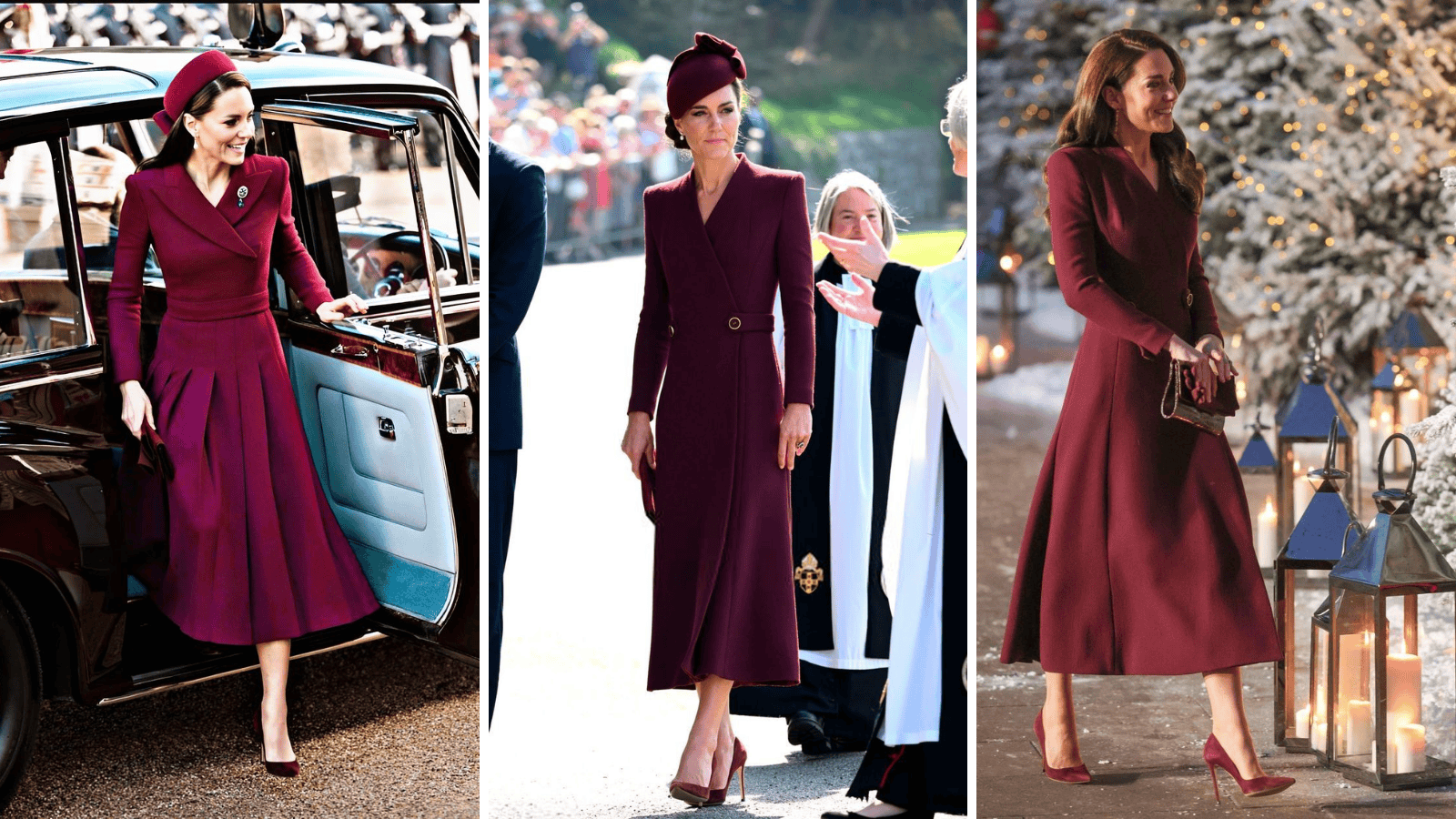 Kate Middleton in burgundy color clothes: monochrome head-to-toe burgundy outfits with matching heels and accessories.
