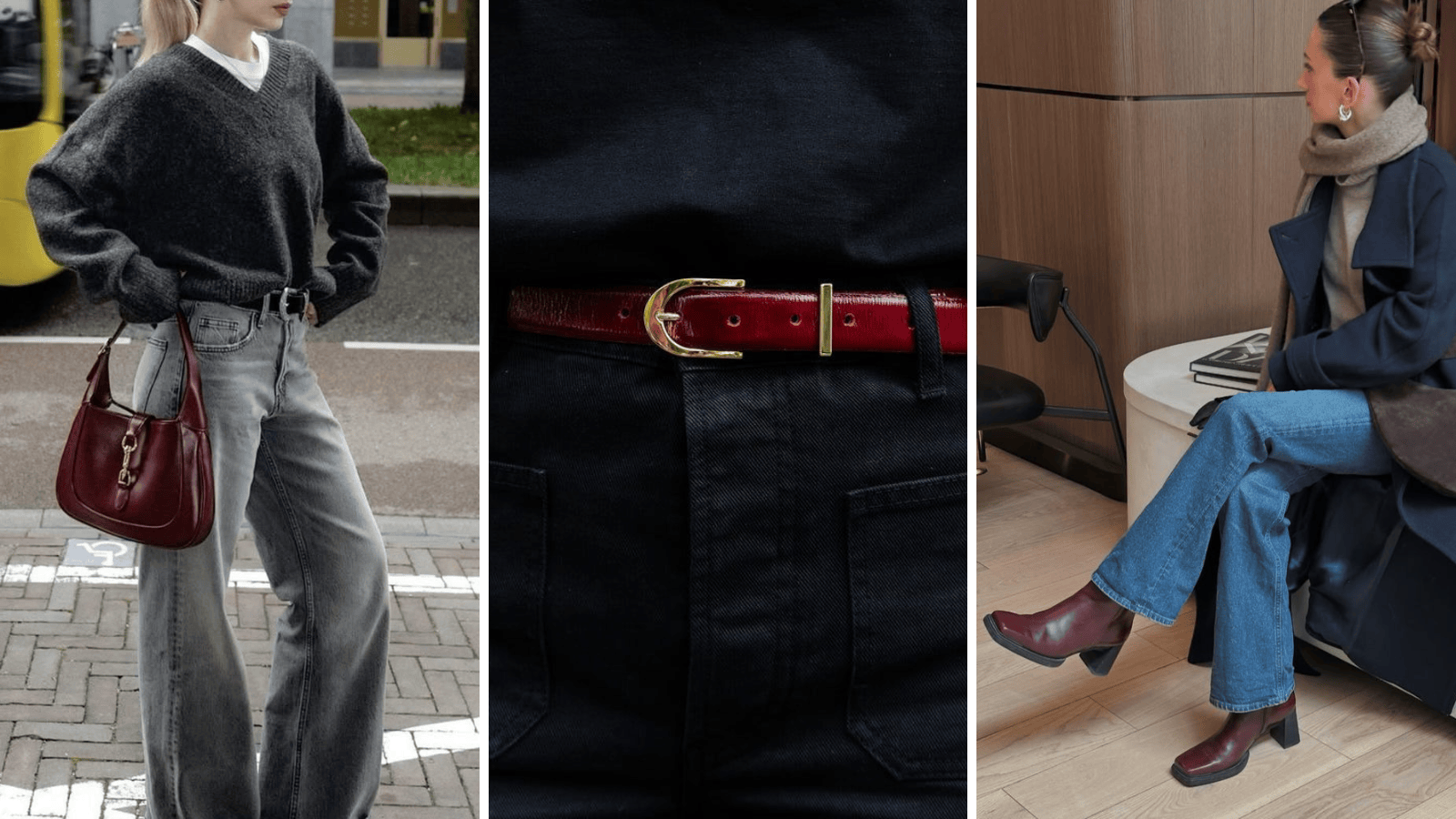 Burgundy color as accent: handbag, leather belt, and ankle boots styled with neutral outfits.