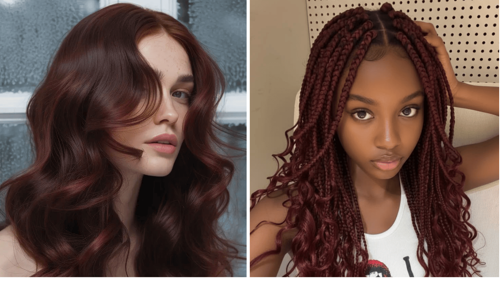 Burgundy color hair: wavy dyed hair and burgundy color braiding hair in knotless box braids.