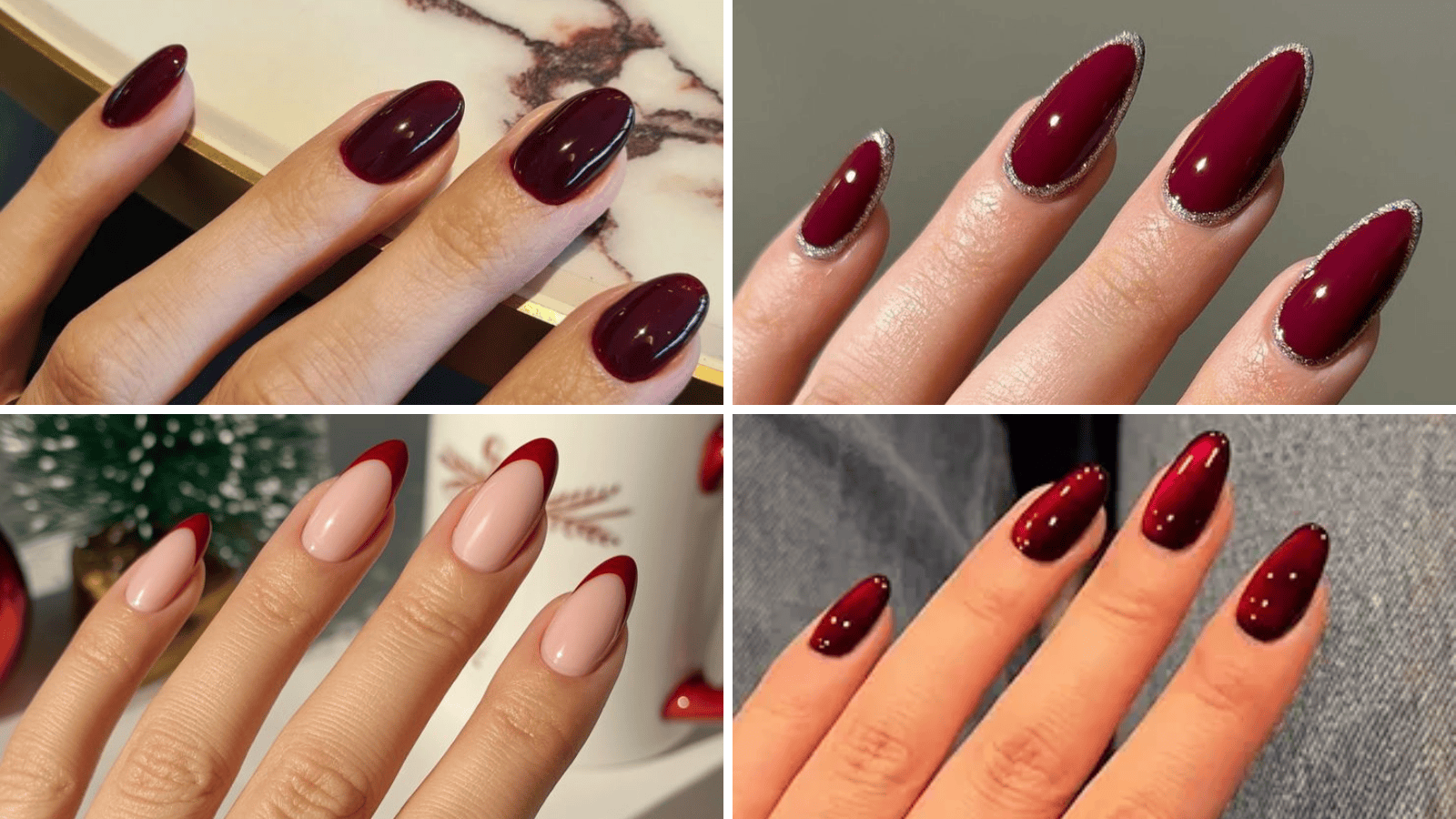Burgundy color nails: glossy solid, silver-tipped, French tip, and gradient burgundy manicure styles.