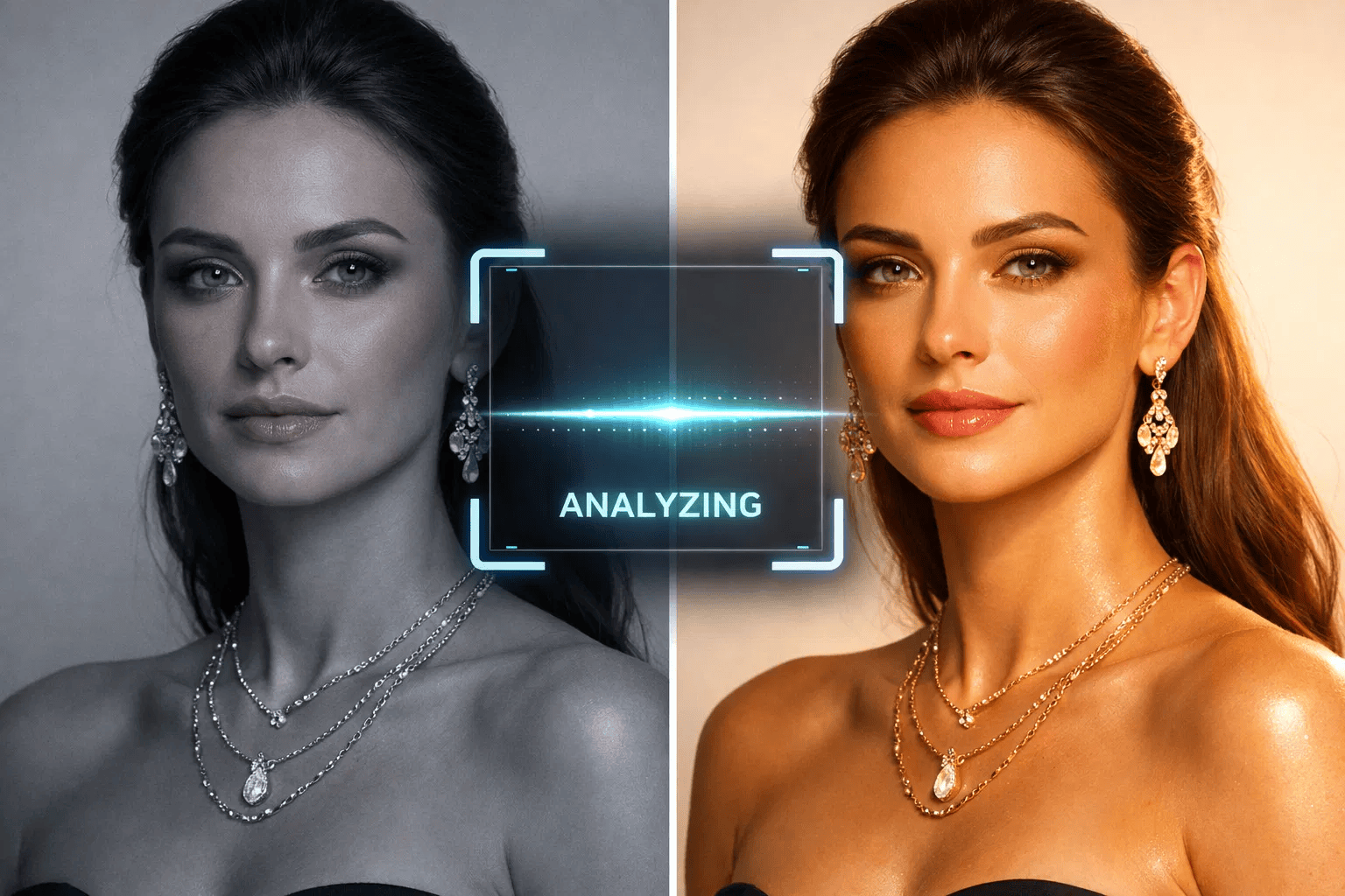 Comparison of gold vs silver jewelry on skin tone using AI color analysis