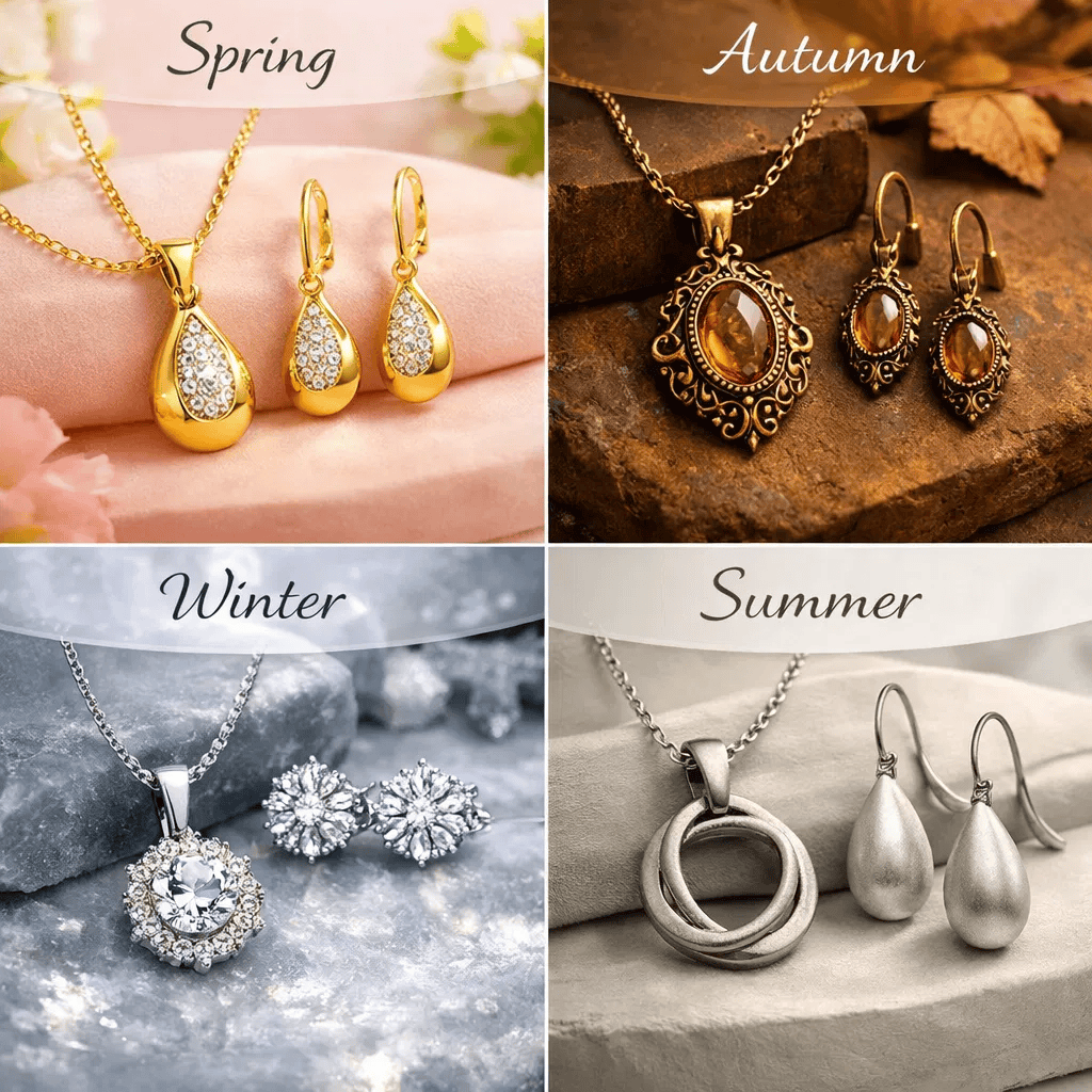 Seasonal color analysis jewelry chart showing shiny vs matte gold and silver