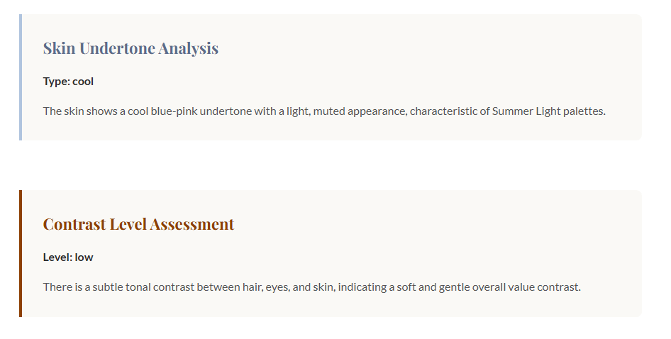 AI skin undertone analysis report showing cool type and low contrast level assessment results.