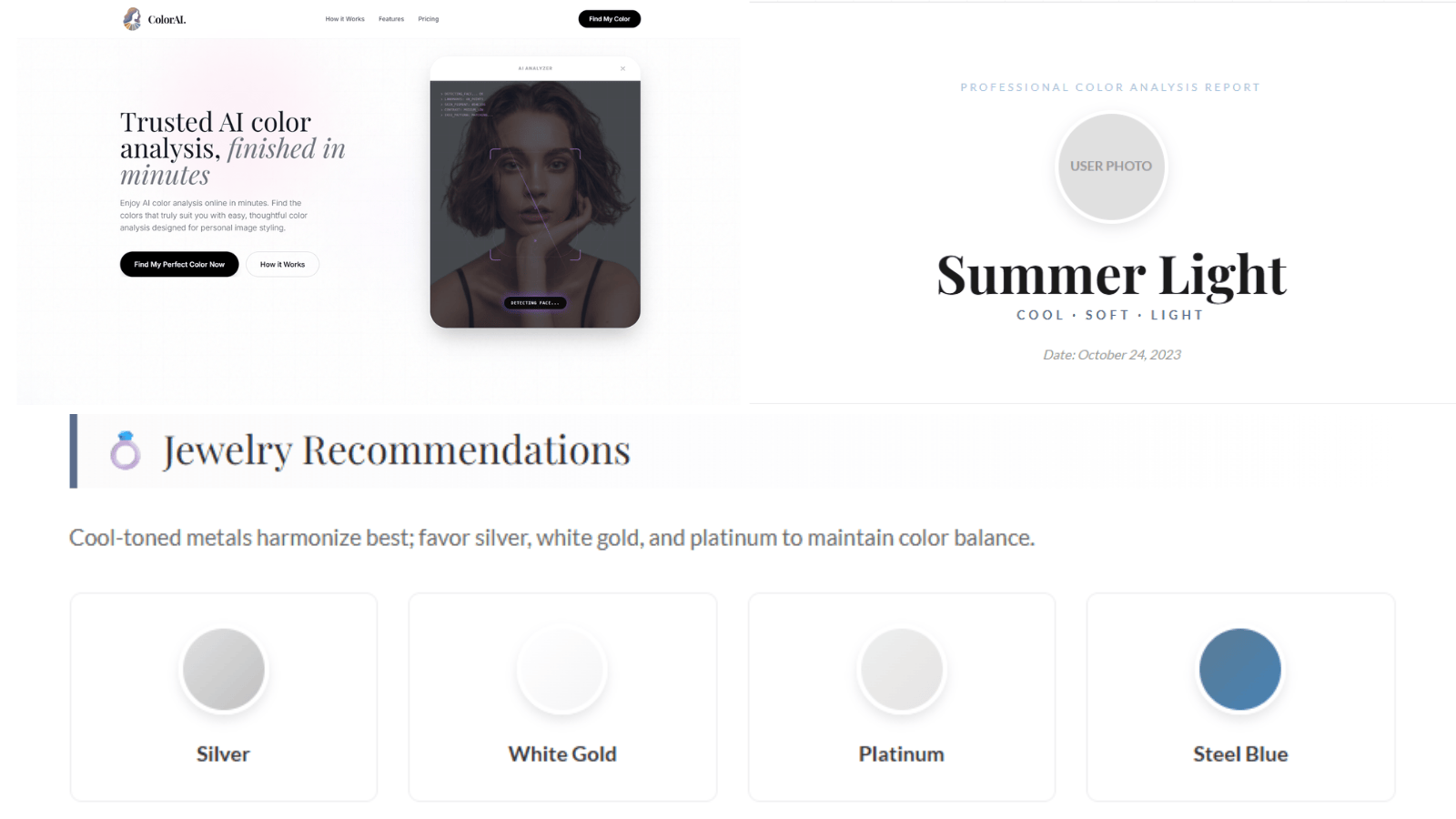 AI color analysis process displaying face scan, Summer Light seasonal profile, and specific silver and white gold jewelry recommendations.