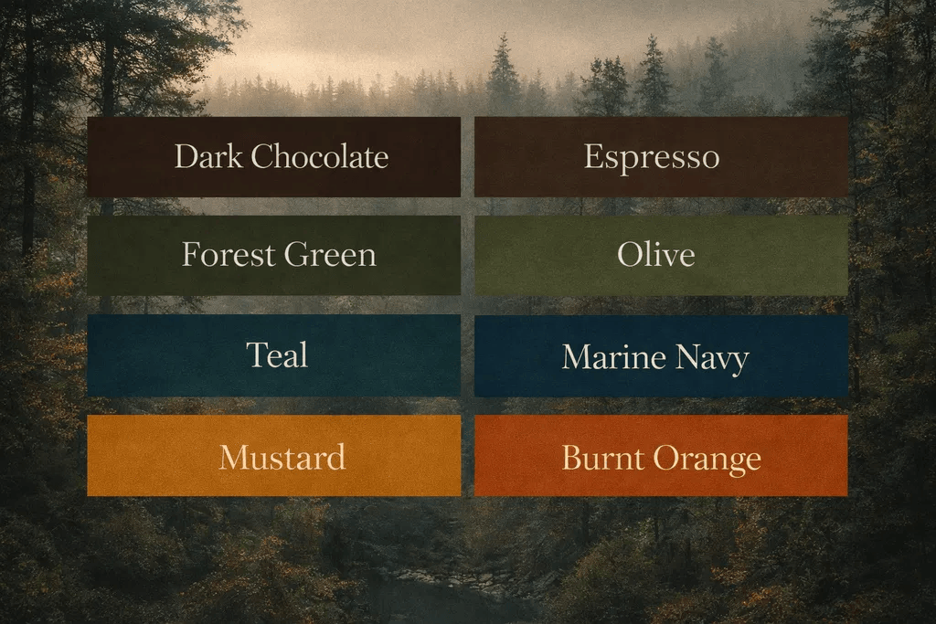 Deep Autumn power color palette: A selection of rich, earthy dark tones including Dark Chocolate, Forest Green, Teal, and Burnt Orange, set against a moody forest background.