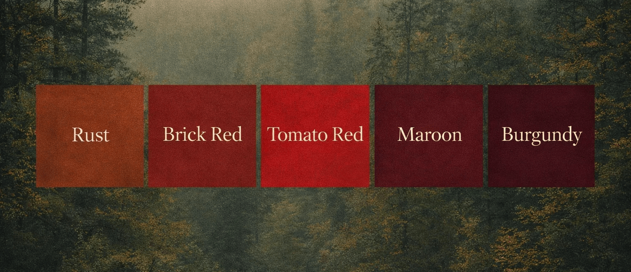 Deep Autumn red color guide: A gradient of warm, muted reds ranging from earthy Rust and Brick Red to deep Maroon and Burgundy, demonstrating the ideal red shades for this season
