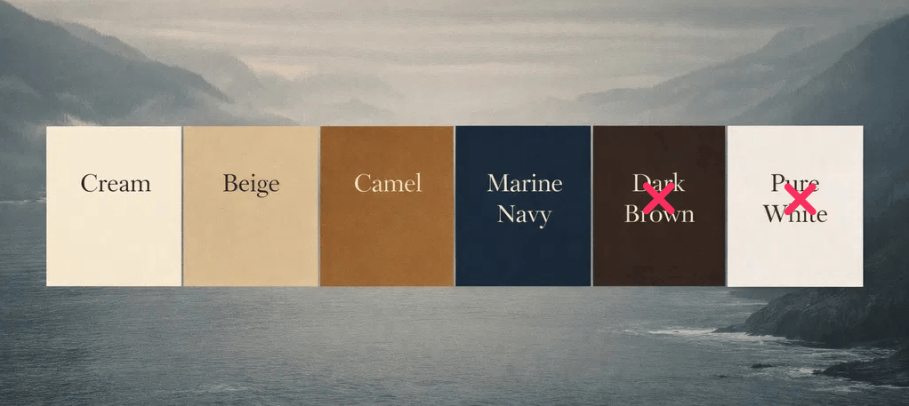 Deep Autumn neutral color palette comparison: Essential warm neutrals like Cream, Beige, Camel, and Marine Navy shown alongside Dark Brown and Pure White, which are marked with red crosses as colors to avoid.