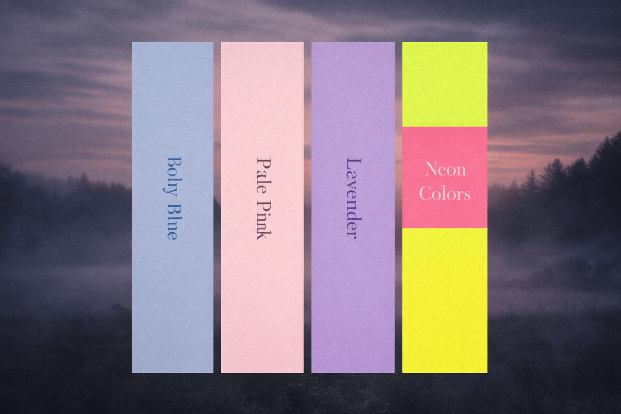 Colors to avoid for Deep Autumn seasonal analysis: A palette displaying cool pastels such as Baby Blue, Pale Pink, and Lavender, as well as bright Neon Colors that clash with the deep, warm aesthetic.