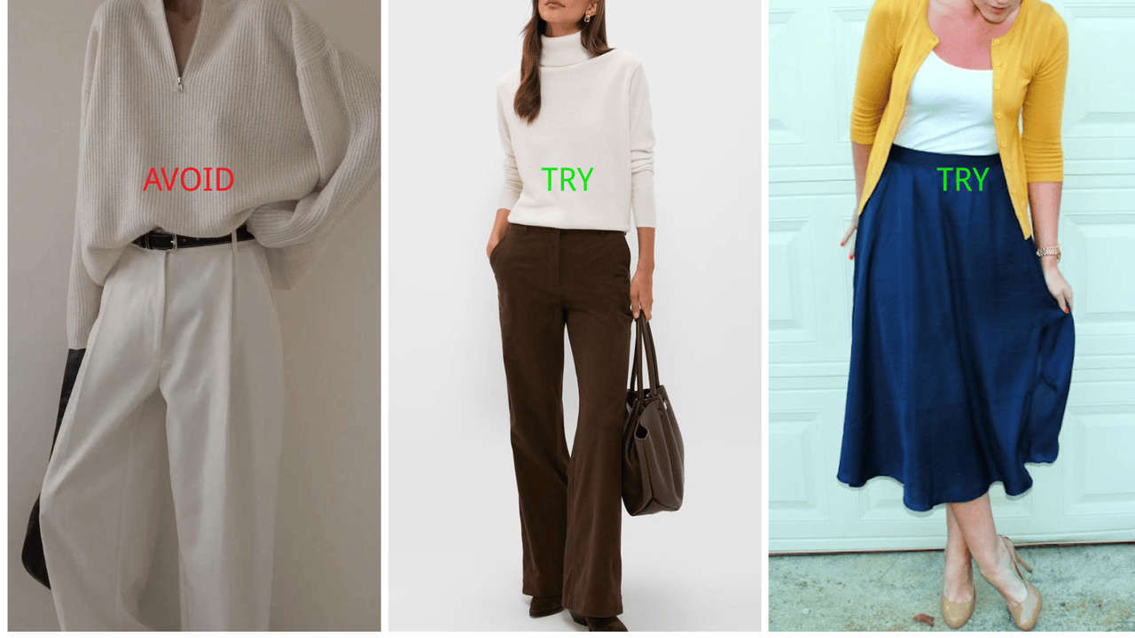 Deep Autumn color palette outfit guide: avoid head-to-toe light neutrals (all-beige outfit) and try value contrast with light neutral top + dark bottom for a grounded look