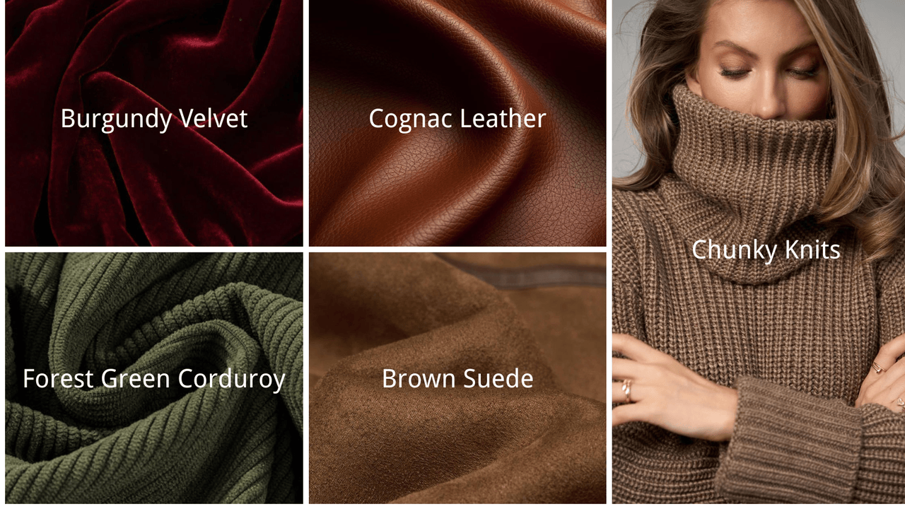 Deep Autumn color palette fabric guide: burgundy velvet, cognac leather, forest green corduroy, and brown suede, but avoid chunky knits.