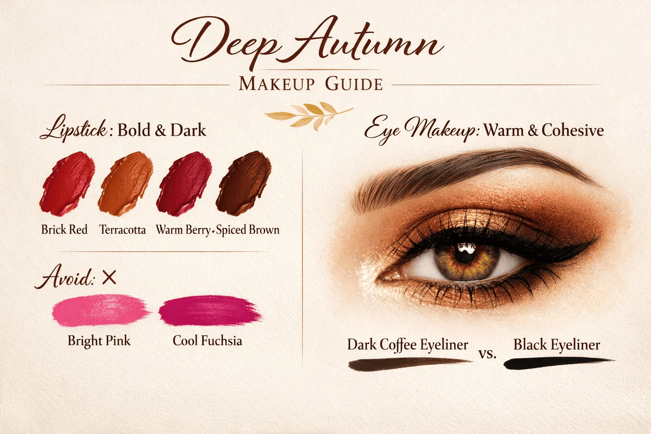 Deep Autumn makeup guide: bold dark lipstick (brick red, terracotta, warm berry, spiced brown), warm eye makeup with dark coffee eyeliner