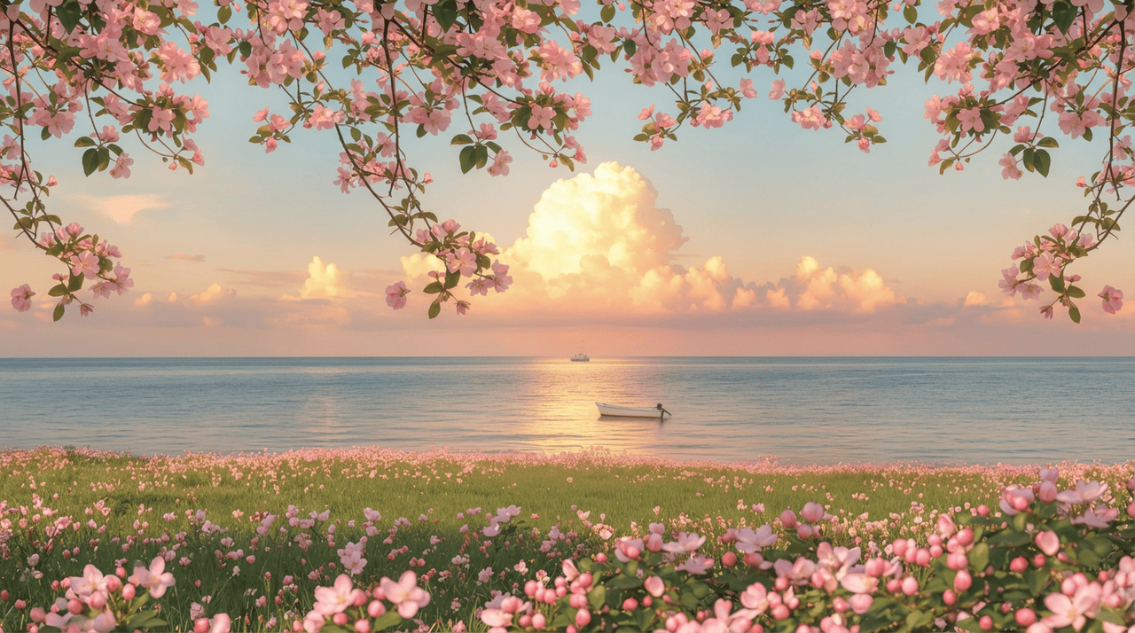 Light spring color palette: Soft pink cherry blossoms, pastel wildflowers, and a golden ocean sunset, representing the gentle, warm light of early May.