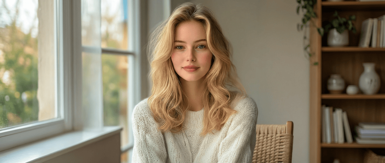Light Spring color palette: Woman with light golden blonde hair, light blue eyes, and creamy peachy skin, showcasing the warm, low-depth traits of a Light Spring.