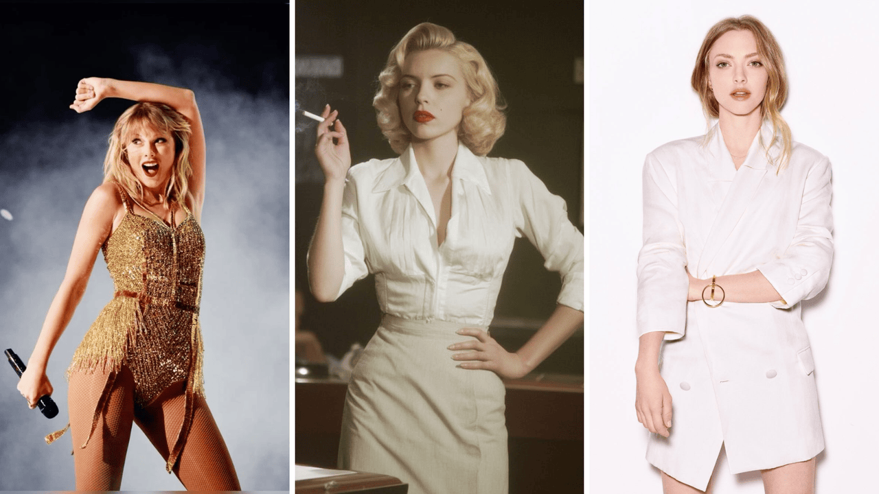 Light Spring celebrity examples: Taylor Swift, Scarlett Johansson, and Amanda Seyfried showcasing how the Light Spring color palette enhances their natural warm, luminous coloring.