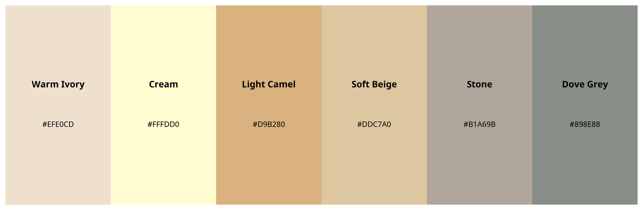 Light Spring neutral color palette: Warm Ivory, Cream, Light Camel, Soft Beige, Stone, Dove Grey with hex codes for low-depth, warm-toned neutrals.