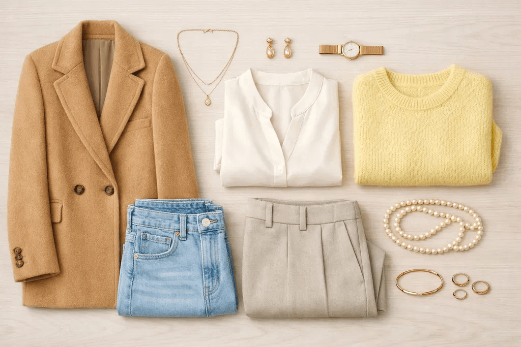 Light Spring capsule wardrobe: Camel coat, ivory blouse, butter yellow sweater, light denim, stone trousers, and rose gold/pearl jewelry.