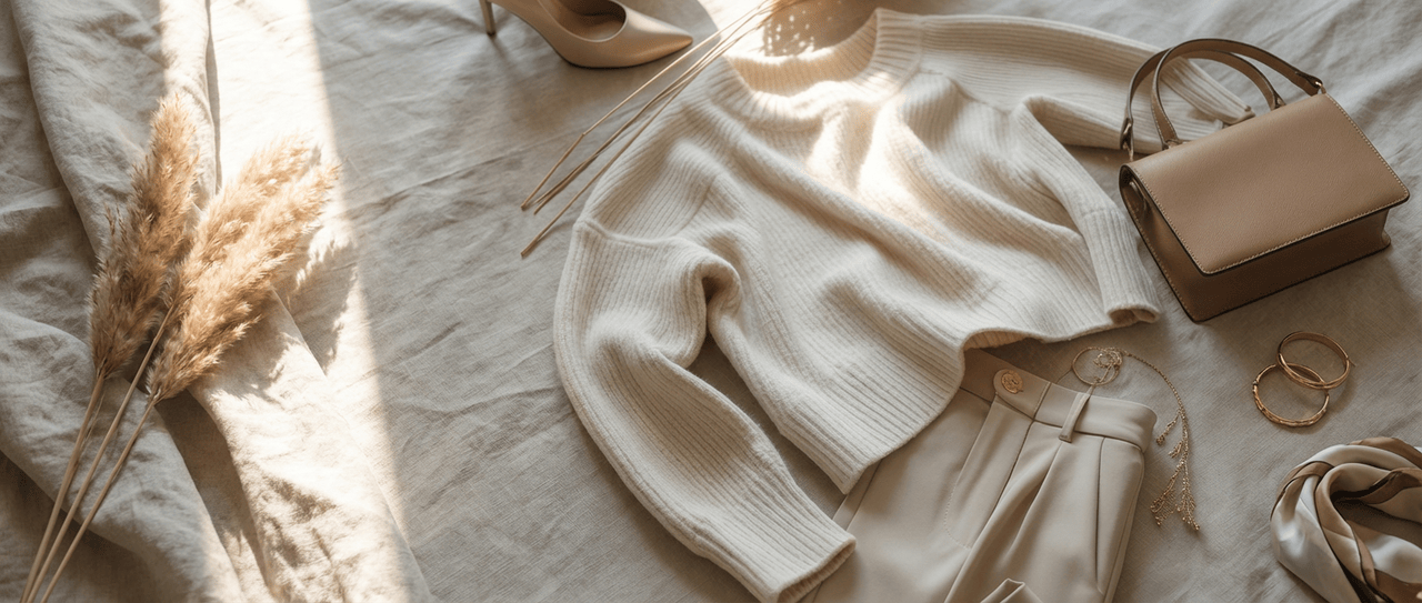 Light Spring cold weather styling: Cream knit sweater, beige trousers, camel bag, and gold accessories, using warm neutrals to avoid dark, muddy tones.