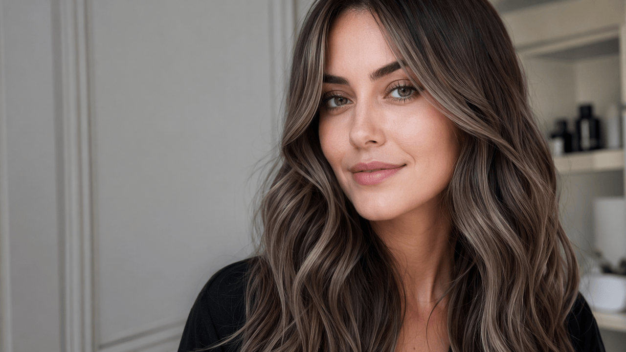 Woman with long wavy mushroom brown balayage hair, cool ashy undertones and face-framing highlights, soft natural daylight portrait