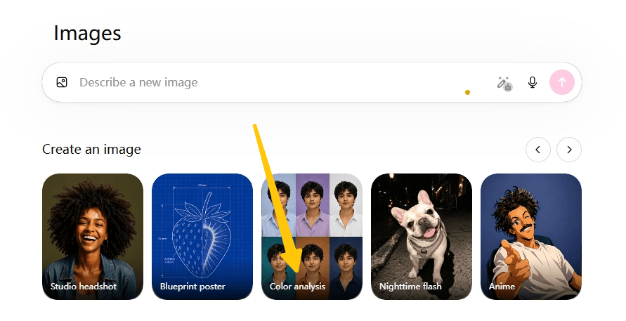 ChatGPT image generation interface showing the "Color analysis" template option, with a search bar labeled "Describe a new image"