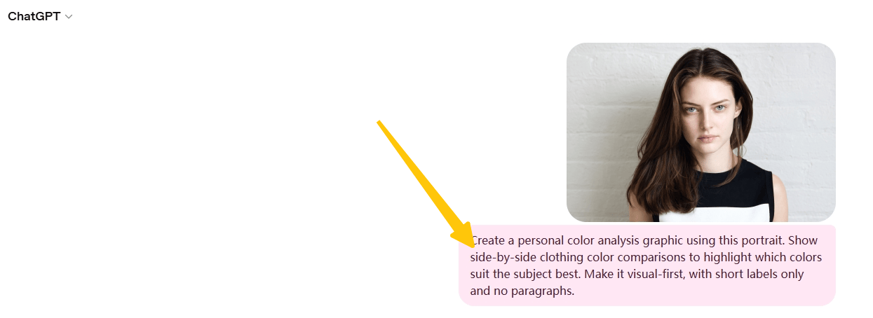 ChatGPT chat interface with a portrait of a woman and a basic prompt requesting a personal color analysis graphic with side-by-side clothing color comparisons, a visual-first design, and short labels only.