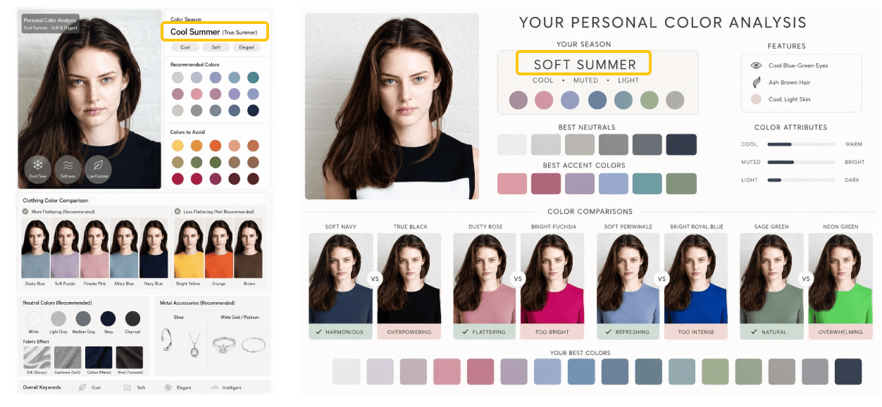 AI-generated personal color analysis results showing inconsistent seasonal categorization: one panel labels the subject as "Cool Summer (True Summer)" while another labels her as "Soft Summer."