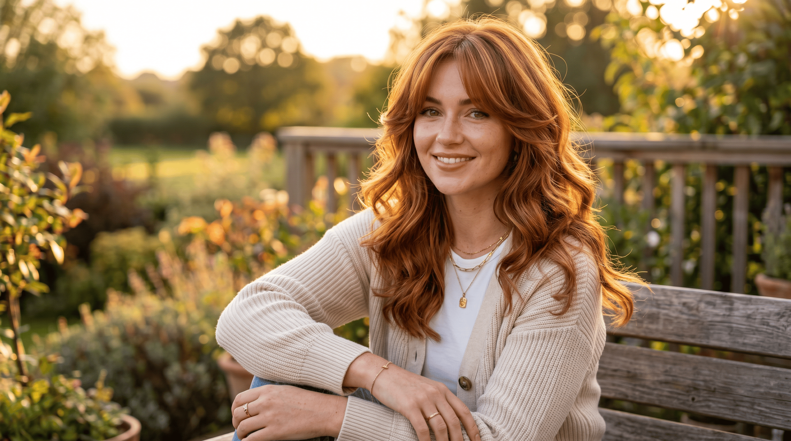 Woman with trendy layered butterfly cut, copper auburn hair with golden highlights, loose waves and curtain bangs, golden hour garden setting.