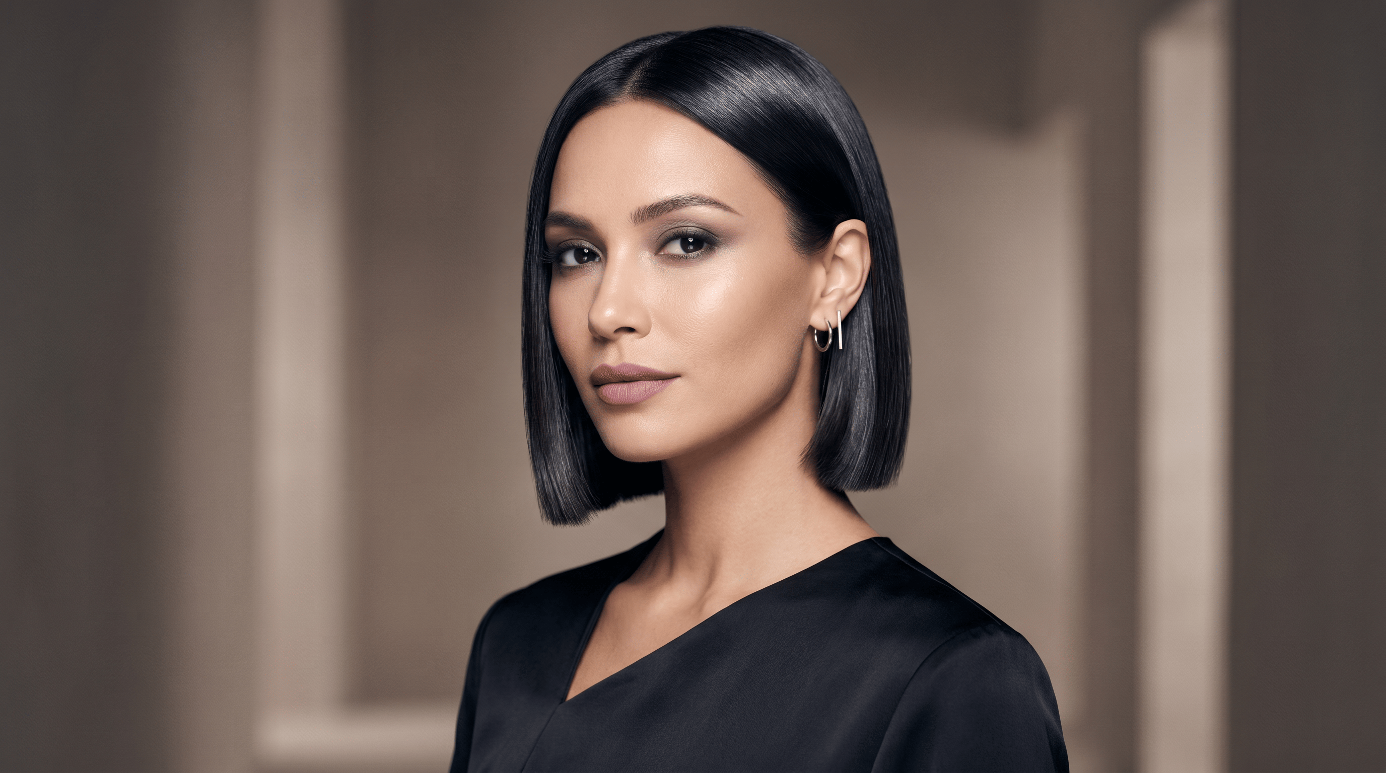 Woman with sleek blunt glass hair bob, cool-toned espresso black hair, high-gloss finish, and elegant studio portrait.