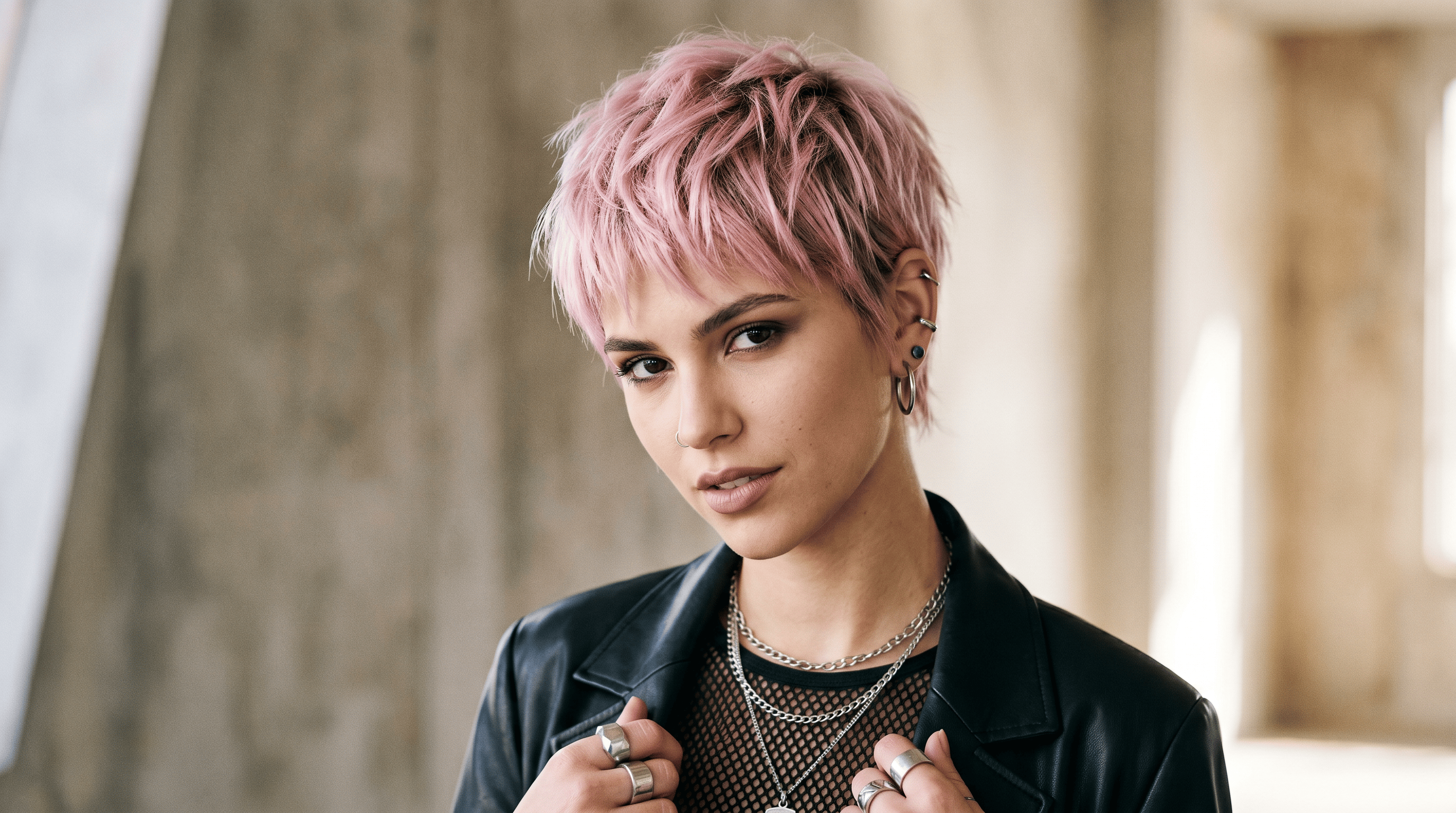 Woman with choppy textured pixie cut, dusty pastel pink hair with shadow roots, edgy modern studio portrait.
