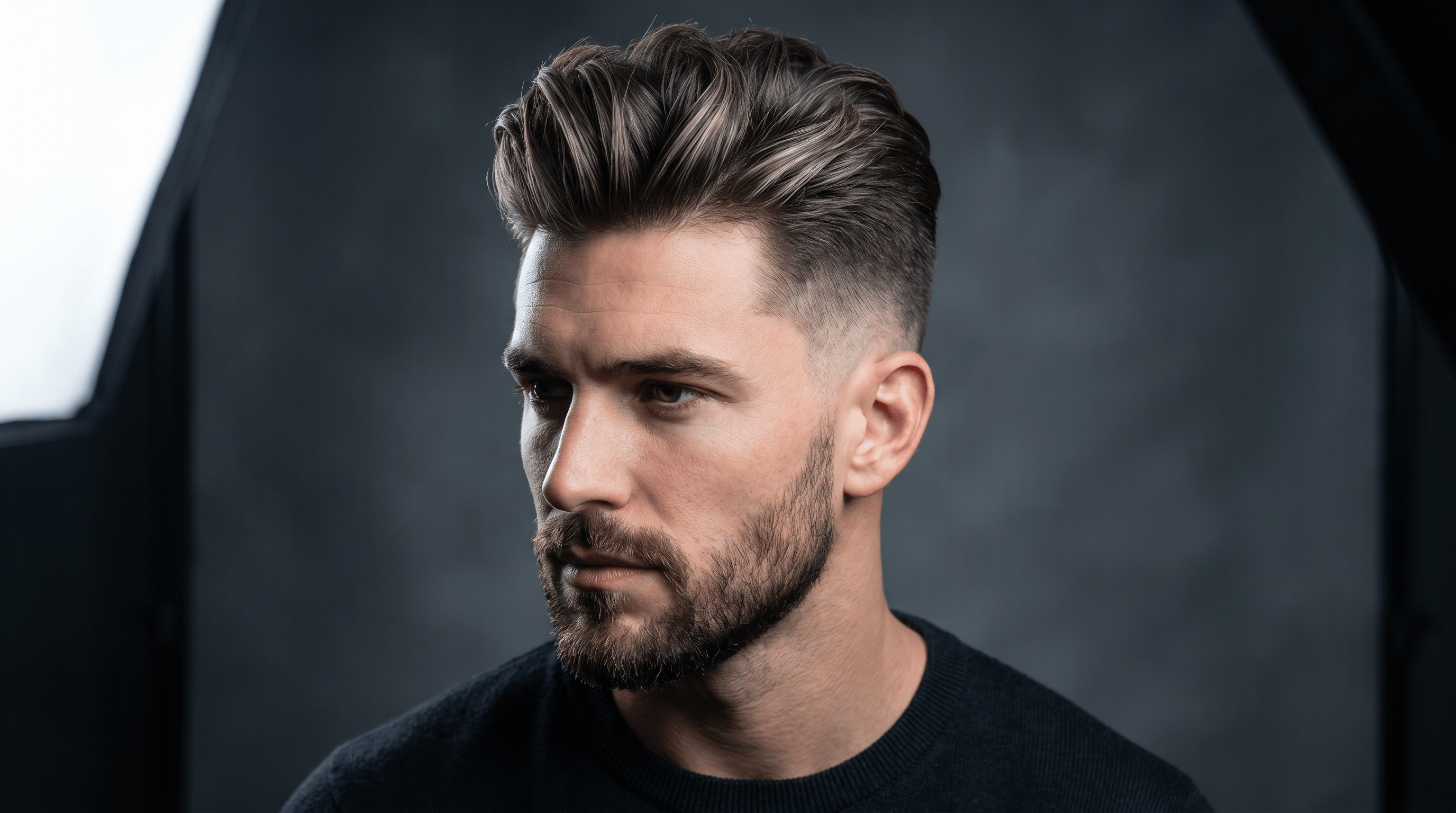 Man with classic textured pompadour and mid-fade, dark brown hair with ash blonde highlights, professional studio lighting.