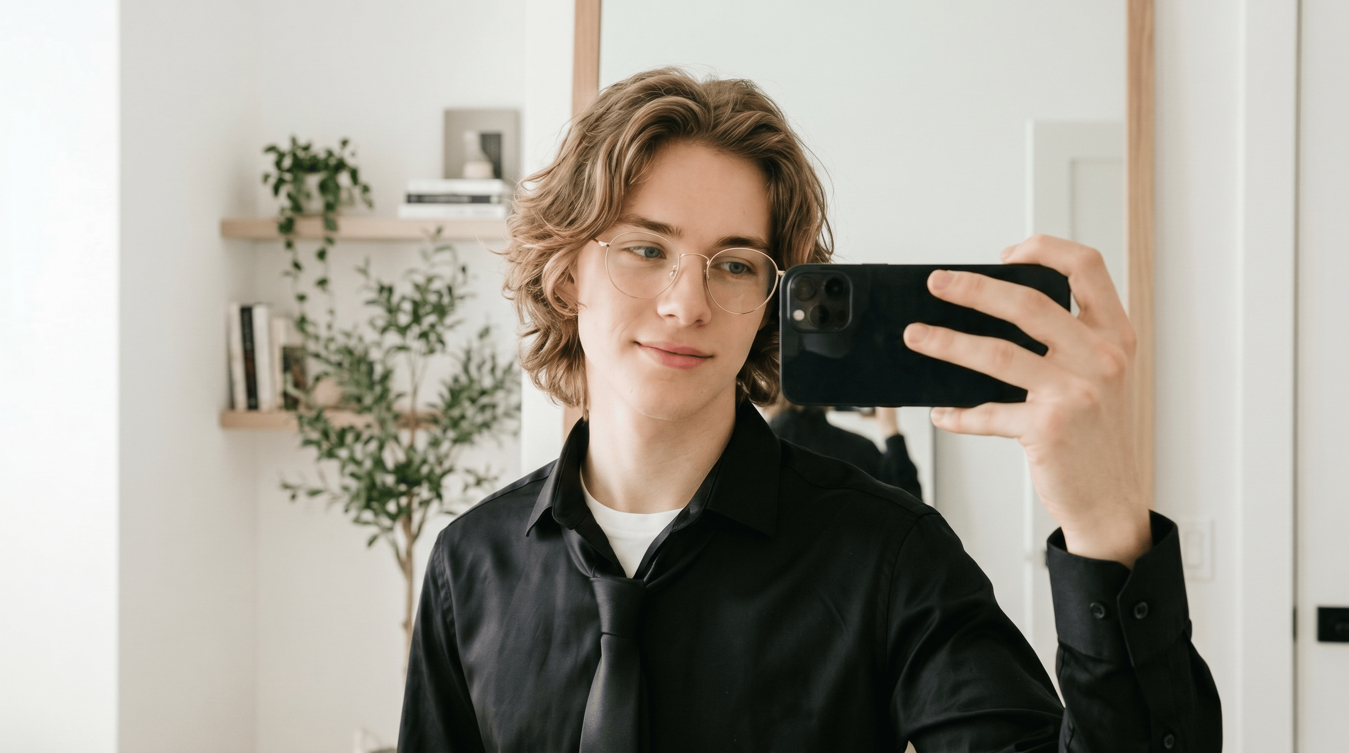 Young man with medium-length wavy bro flow hairstyle, sandy blonde hair with lowlights, indoor mirror selfie with natural daylight.