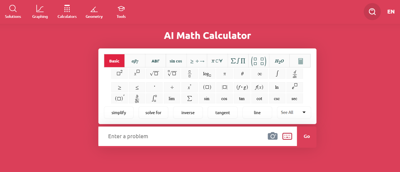 Interface of Symbolab's comprehensive AI Math Calculator displays.