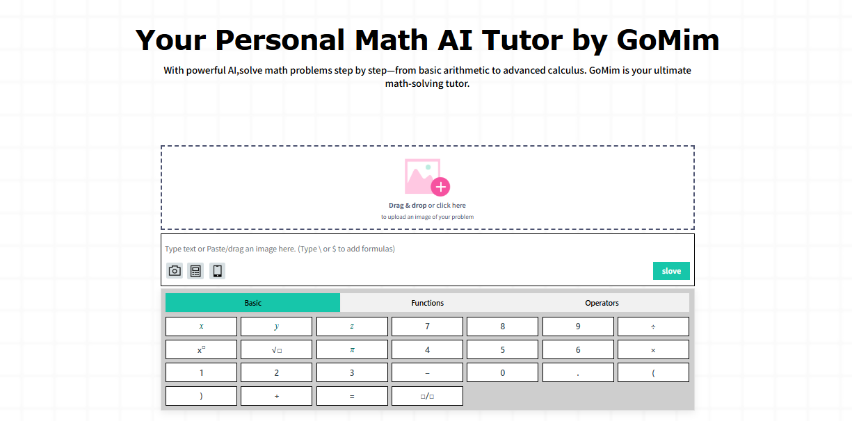 Interface of AI Math solver GoMim with its versatile calculators displays.