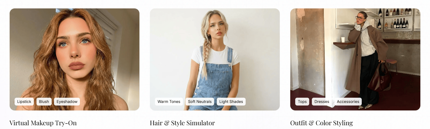 AI hair color try-on tool for previewing hair, makeup, and outfit combinations.