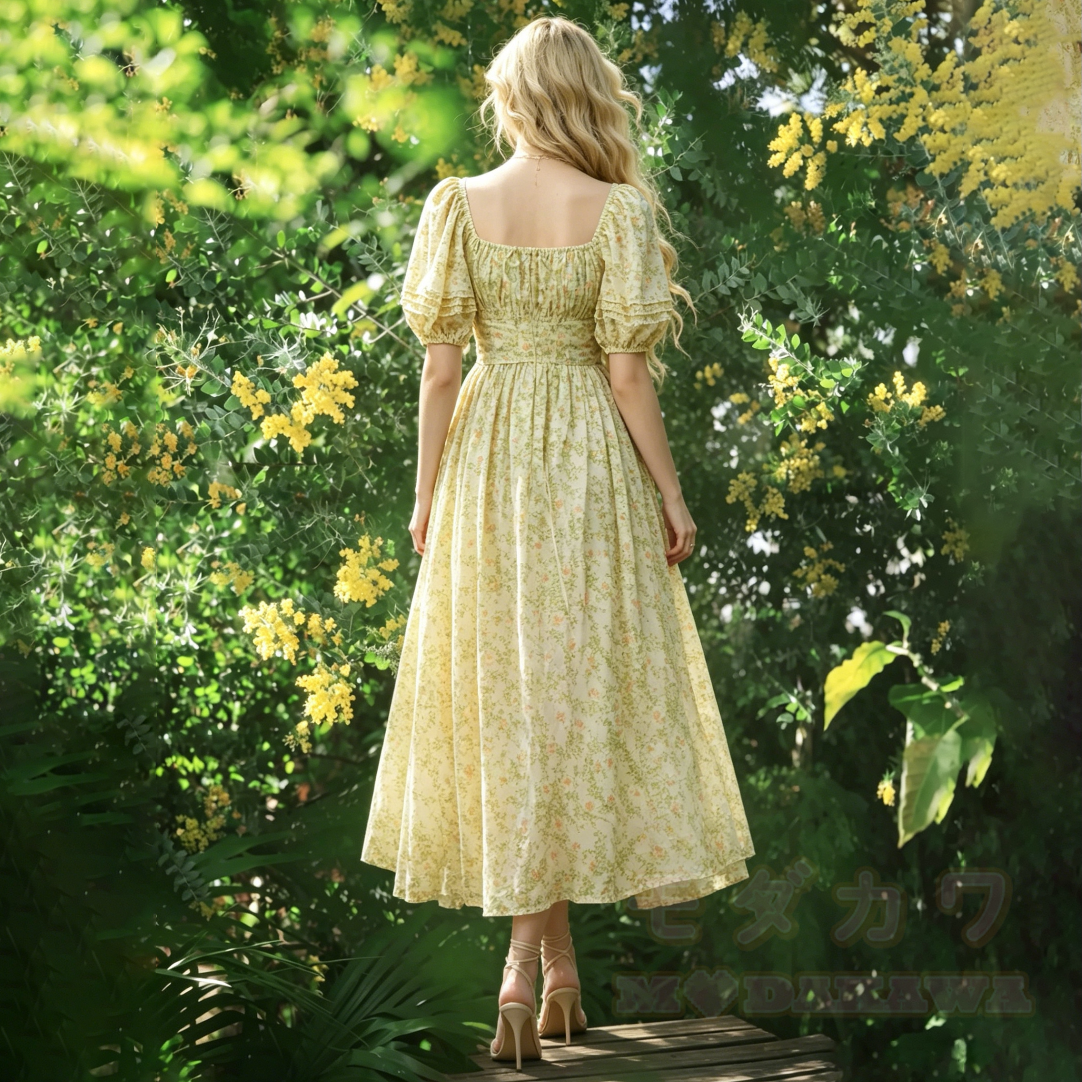Maxikleid im Cottagecore-Stil mit Blumenmuster, Puffärmeln, eckigem Ausschnitt und Boho-Stil - image 2