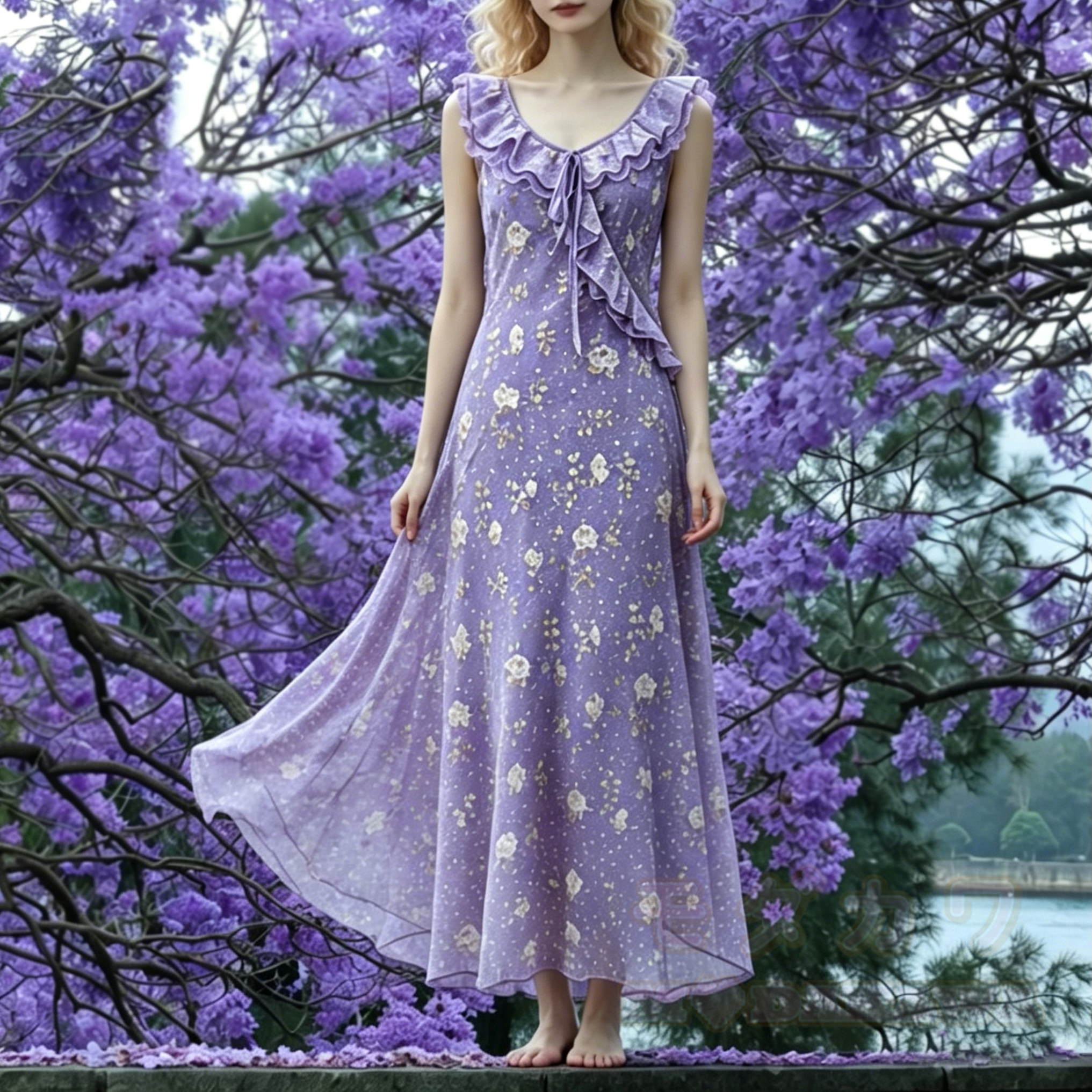 Lavendelfarbenes, geblümtes Rüschenkleid mit V-Ausschnitt und transparentem Mesh-Unterkleid - image 1